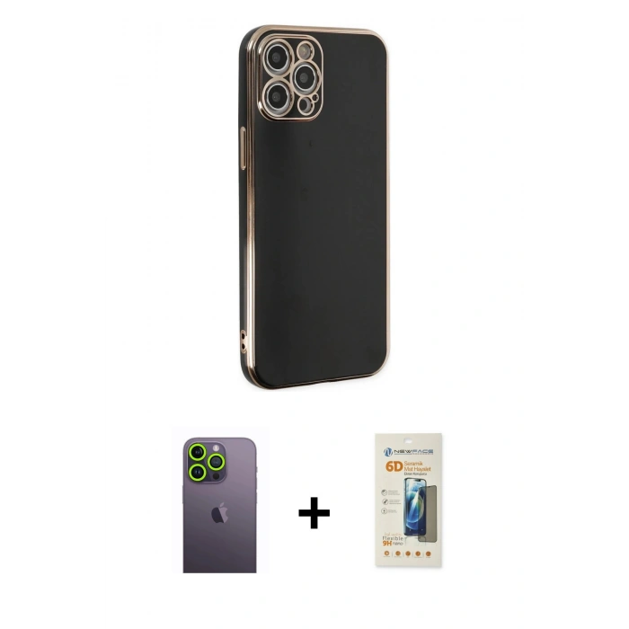 MARSİLYAN™- iPhone 12 Pro Max Kılıf Yankı Serisi - Siyah 6D Mat Seramik Hayalet Nano Ekran Koruyucu + Neon Fosforlu Kamera Lens - YL