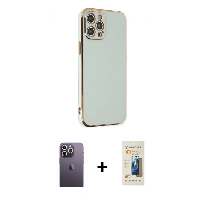 MARSİLYAN™- iPhone 12 Pro Max Kılıf Yankı Serisi - Siyah 6D Mat Seramik Hayalet Nano Ekran Koruyucu + Neon Fosforlu Kamera Lens - BZ