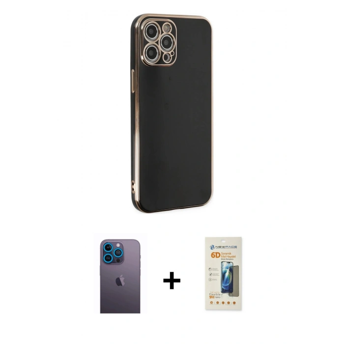 MARSİLYAN™- iPhone 12 Pro Max Kılıf Yankı Serisi - Siyah 6D Mat Seramik Hayalet Nano Ekran Koruyucu + Neon Fosforlu Kamera Lens - MI