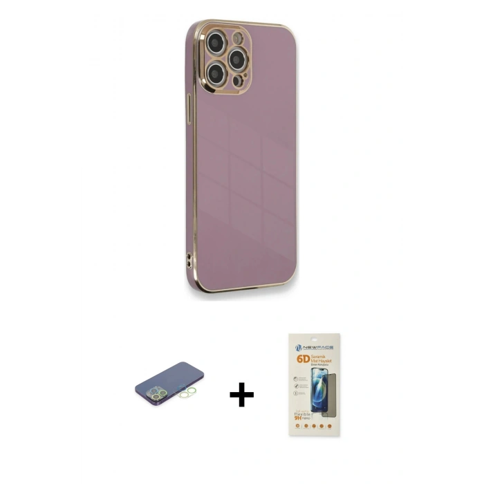 MARSİLYAN™- iPhone 12 Pro Max Kılıf Yankı Serisi - Siyah 6D Mat Seramik Hayalet Nano Ekran Koruyucu + Renkli Kamera Lens Koruma Cam - YL
