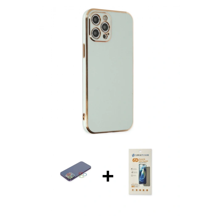 MARSİLYAN™- iPhone 12 Pro Max Kılıf Yankı Serisi - Siyah 6D Mat Seramik Hayalet Nano Ekran Koruyucu + Renkli Kamera Lens Koruma Cam - MI