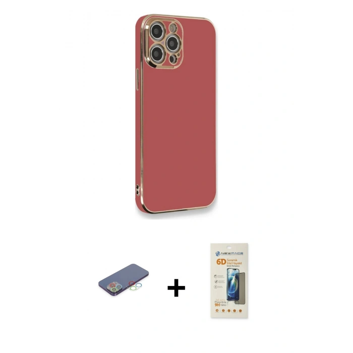 MARSİLYAN™- iPhone 12 Pro Max Kılıf Yankı Serisi - Siyah 6D Mat Seramik Hayalet Nano Ekran Koruyucu + Renkli Kamera Lens Koruma Cam - MI