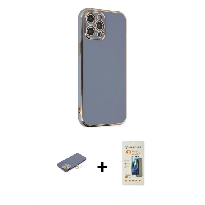MARSİLYAN™- iPhone 12 Pro Max Kılıf Yankı Serisi - Siyah 6D Mat Seramik Hayalet Nano Ekran Koruyucu + Renkli Kamera Lens Koruma Cam - SI