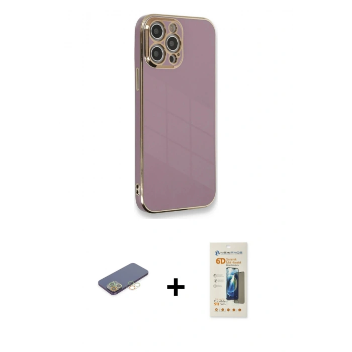 MARSİLYAN™- iPhone 12 Pro Max Kılıf Yankı Serisi - Siyah 6D Mat Seramik Hayalet Nano Ekran Koruyucu + Renkli Kamera Lens Koruma Cam - SI