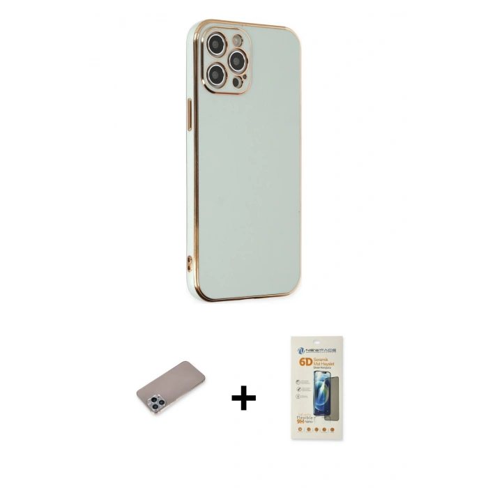 MARSİLYAN™- iPhone 12 Pro Max Kılıf Yankı Serisi - Siyah 6D Mat Seramik Hayalet Nano Ekran Koruyucu + Shine Kamera Lens Koruma Cam - SABE