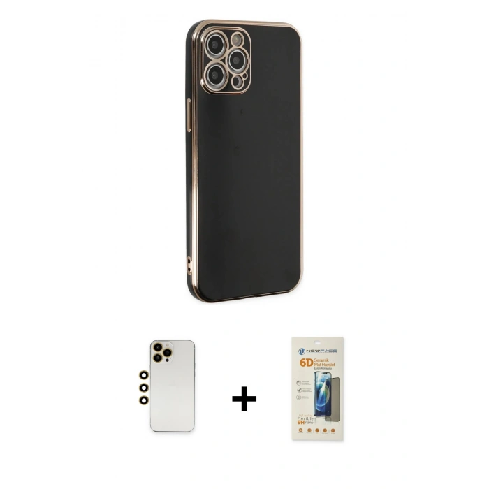MARSİLYAN™- iPhone 12 Pro Max Kılıf Yankı Serisi - Siyah 6D Mat Seramik Hayalet Nano Ekran Koruyucu + Shine Kamera Lens - GD