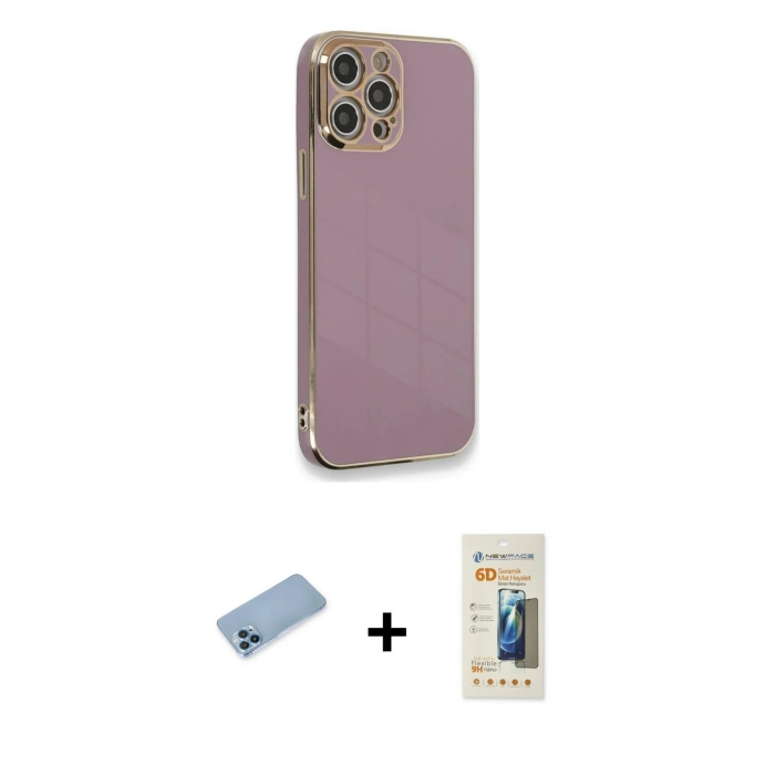 MARSİLYAN™- iPhone 12 Pro Max Kılıf Yankı Serisi - Siyah 6D Mat Seramik Hayalet Nano Ekran Koruyucu + Shine Kamera Lens Koruma Cam - MI