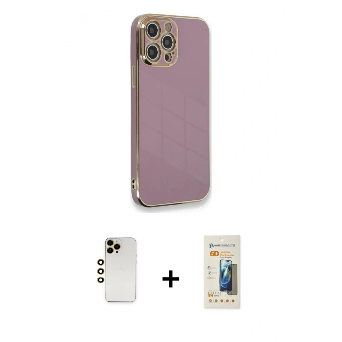 MARSİLYAN™- iPhone 12 Pro Max Kılıf Yankı Serisi - Siyah 6D Mat Seramik Hayalet Nano Ekran Koruyucu + Shine Kamera Lens - GD
