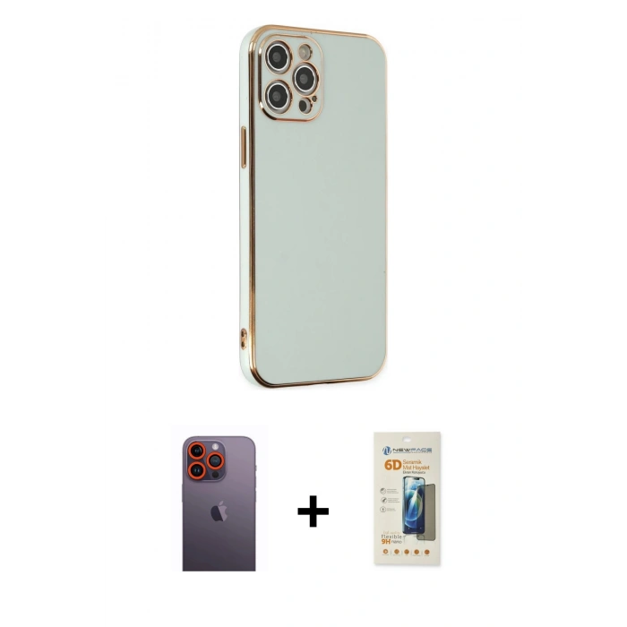 MARSİLYAN™- iPhone 12 Pro Max Kılıf Yankı Serisi - Siyah 6D Mat Seramik Hayalet Nano Ekran Koruyucu + Neon Fosforlu Kamera Lens - TU