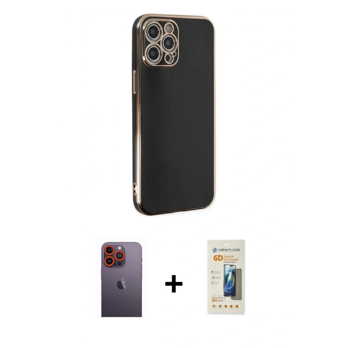 MARSİLYAN™- iPhone 12 Pro Max Kılıf Yankı Serisi - Siyah 6D Mat Seramik Hayalet Nano Ekran Koruyucu + Neon Fosforlu Kamera Lens - TU
