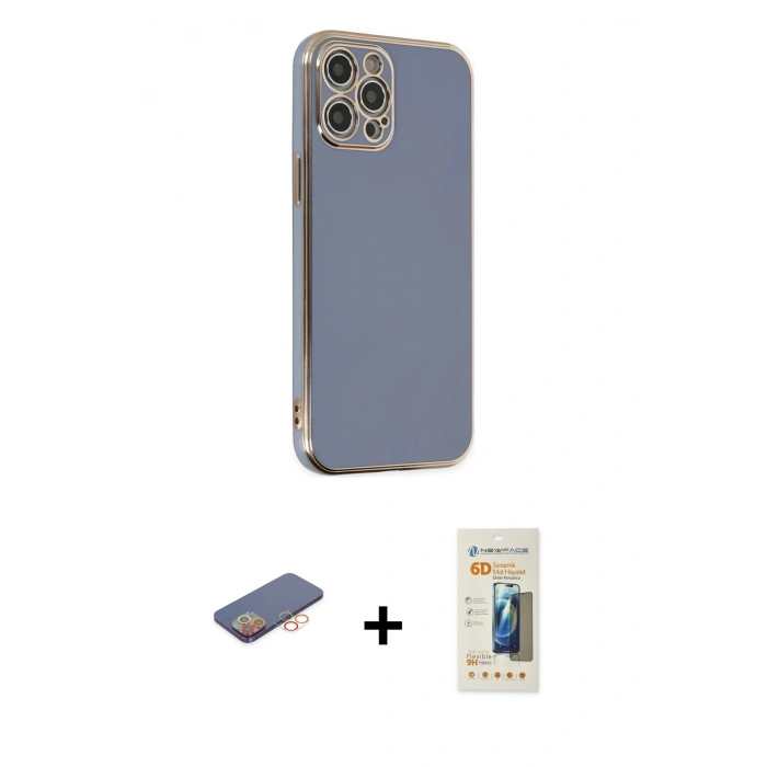 MARSİLYAN™- iPhone 12 Pro Max Kılıf Yankı Serisi - Siyah 6D Mat Seramik Hayalet Nano Ekran Koruyucu + Turuncu Renkli Kamera Lens Koruma Cam