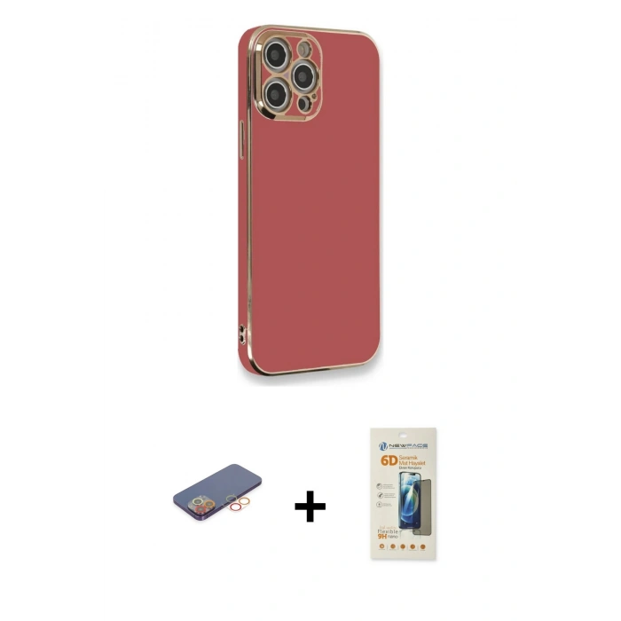 MARSİLYAN™- iPhone 12 Pro Max Kılıf Yankı Serisi - Siyah 6D Mat Seramik Hayalet Nano Ekran Koruyucu + Turuncu Renkli Kamera Lens Koruma Cam