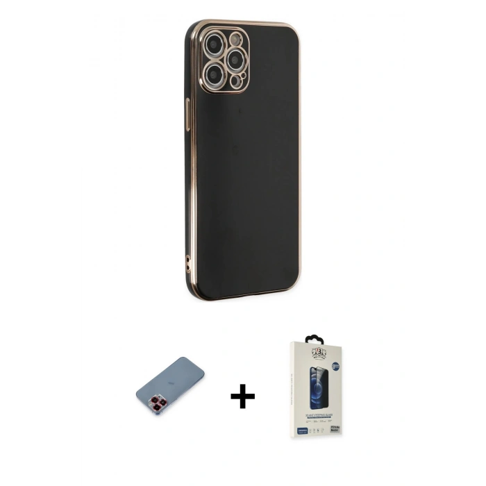 MARSİLYAN™- iPhone 12 Pro Max Kılıf Yankı Serisi - Siyah Bilvis Hayalet Cam Ekran Koruyucu + Metal Kamera Lens Koruma Cam - KI