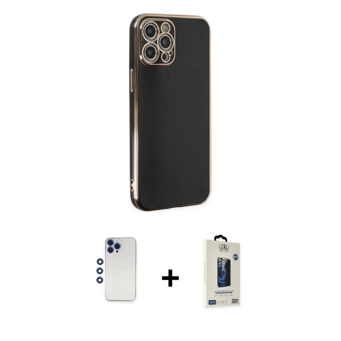 MARSİLYAN™- iPhone 12 Pro Max Kılıf Yankı Serisi - Siyah Bilvis Hayalet Cam Ekran Koruyucu + Shine Kamera Lens - LT