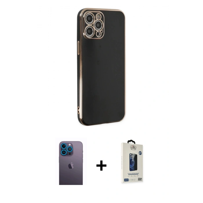 MARSİLYAN™- iPhone 12 Pro Max Kılıf Yankı Serisi - Siyah Bilvis Hayalet Cam Ekran Koruyucu + Neon Fosforlu Kamera Lens - MI