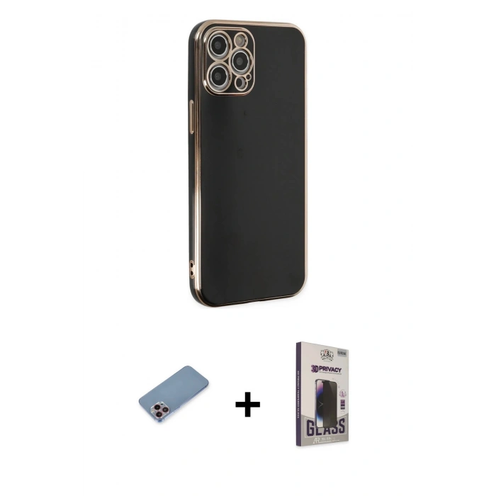 MARSİLYAN™- iPhone 12 Pro Max Kılıf Yankı Serisi - Siyah Bilvis Hayalet Cam Ekran Koruyucu + Shine Kamera Lens Koruma Cam - PE