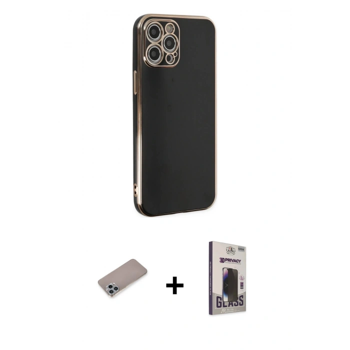 MARSİLYAN™- iPhone 12 Pro Max Kılıf Yankı Serisi - Siyah Bilvis Hayalet Cam Ekran Koruyucu + Shine Kamera Lens Koruma Cam - SABE