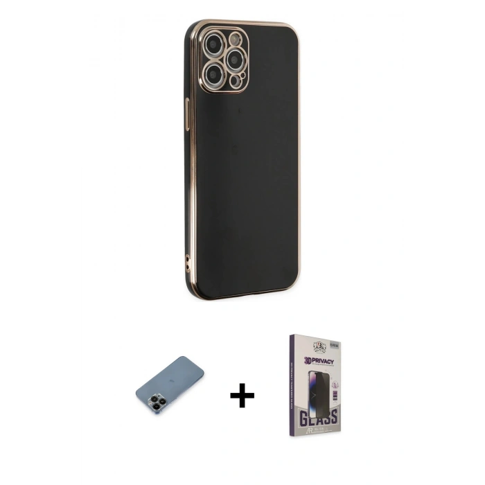MARSİLYAN™- iPhone 12 Pro Max Kılıf Yankı Serisi - Siyah Bilvis Hayalet Cam Ekran Koruyucu + Shine Kamera Lens Koruma Cam - SH