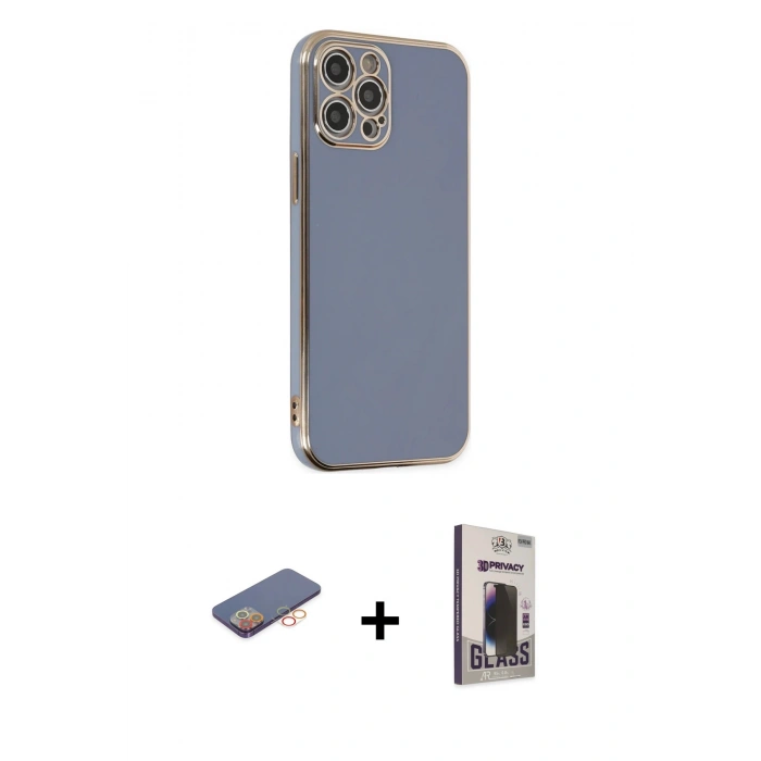 MARSİLYAN™- iPhone 12 Pro Max Kılıf Yankı Serisi - Siyah Bilvis Hayalet Cam Ekran Koruyucu + Renkli Kamera Lens Koruma Cam - TU