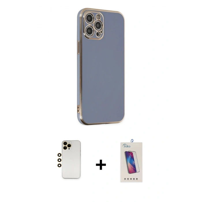 MARSİLYAN™- iPhone 12 Pro Max Kılıf Yankı Serisi - Siyah Joko 5D Cam + Gold Shine Kamera Lens