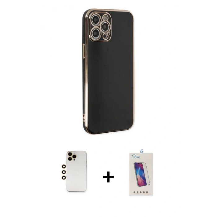 MARSİLYAN™- iPhone 12 Pro Max Kılıf Yankı Serisi - Siyah Joko 5D Cam + Gold Shine Kamera Lens