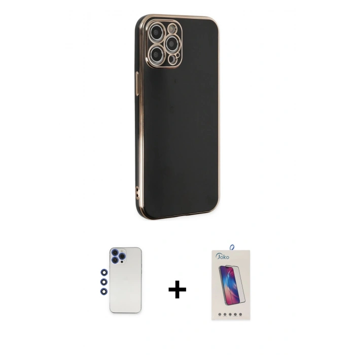 MARSİLYAN™- iPhone 12 Pro Max Kılıf Yankı Serisi - Siyah Joko 5D Cam + Shine Kamera Lens - LT