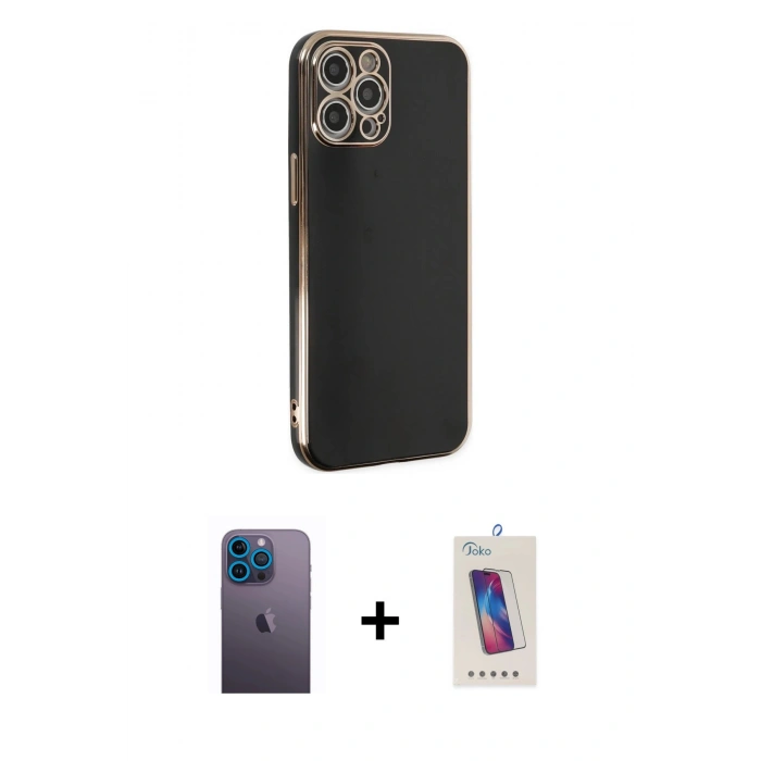 MARSİLYAN™- iPhone 12 Pro Max Kılıf Yankı Serisi - Siyah Joko 5D Cam + Neon Fosforlu Kamera Lens - MI