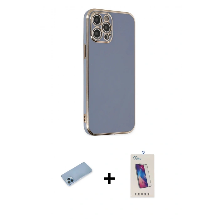 MARSİLYAN™- iPhone 12 Pro Max Kılıf Yankı Serisi - Siyah Joko 5D Cam + Mavi Shine Kamera Lens Koruma Cam