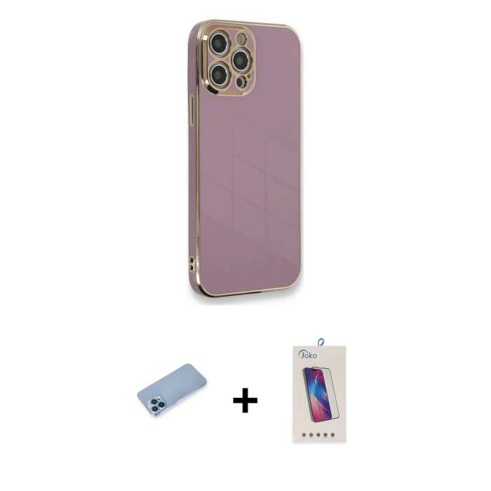 MARSİLYAN™- iPhone 12 Pro Max Kılıf Yankı Serisi - Siyah Joko 5D Cam + Mavi Shine Kamera Lens Koruma Cam