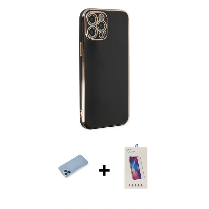 MARSİLYAN™- iPhone 12 Pro Max Kılıf Yankı Serisi - Siyah Joko 5D Cam + Mavi Shine Kamera Lens Koruma Cam