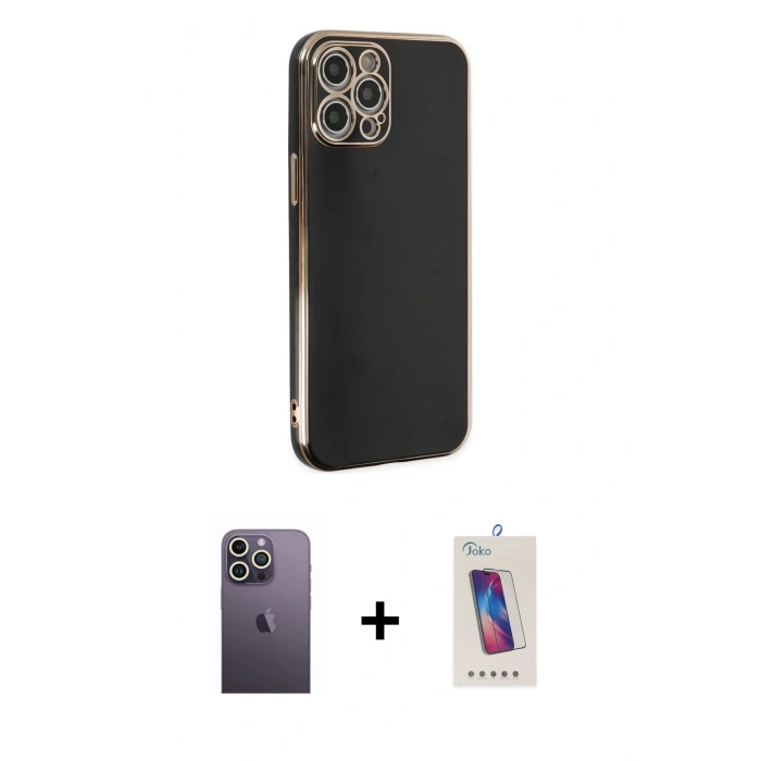 MARSİLYAN™- iPhone 12 Pro Max Kılıf Yankı Serisi - Siyah Joko 5D Cam + Neon Fosforlu Kamera Lens - BZ