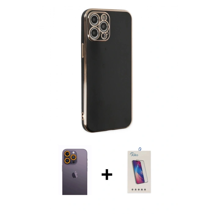 MARSİLYAN™- iPhone 12 Pro Max Kılıf Yankı Serisi - Siyah Joko 5D Cam + Neon Fosforlu Kamera Lens - SI