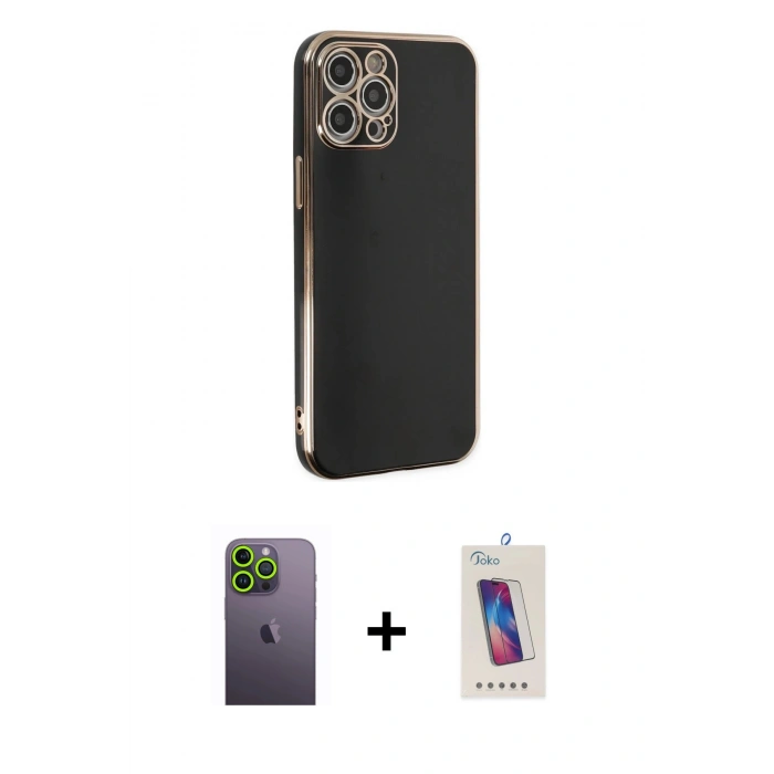 MARSİLYAN™- iPhone 12 Pro Max Kılıf Yankı Serisi - Siyah Joko 5D Cam + Neon Fosforlu Kamera Lens - YL