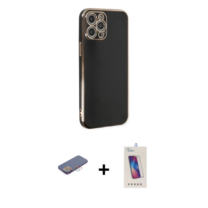 MARSİLYAN™- iPhone 12 Pro Max Kılıf Yankı Serisi - Siyah Joko 5D Cam + Renkli Kamera Lens Koruma Cam - PE