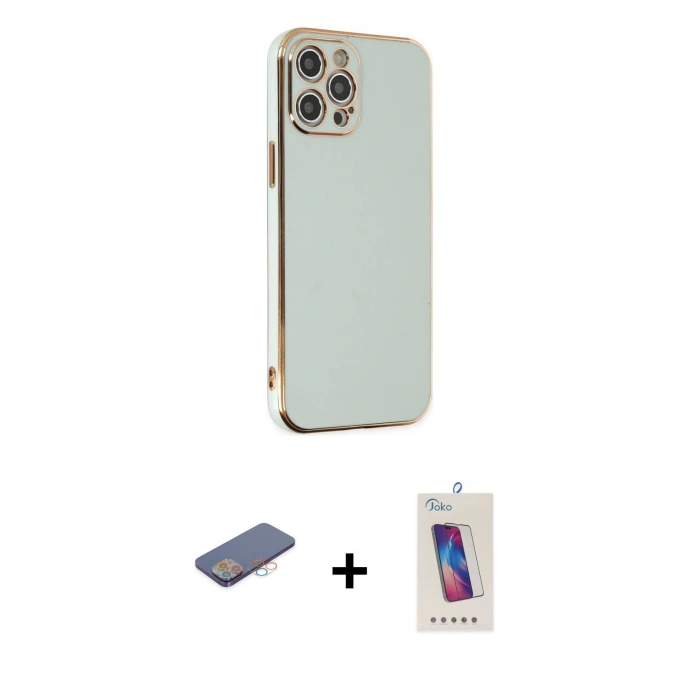MARSİLYAN™- iPhone 12 Pro Max Kılıf Yankı Serisi - Siyah Joko 5D Cam + Renkli Kamera Lens Koruma Cam - PE