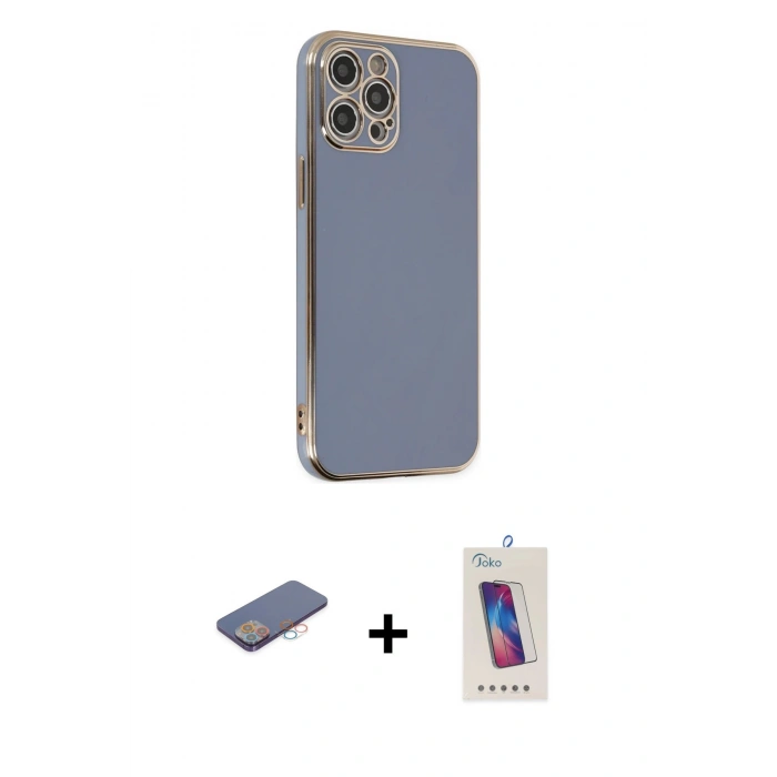 MARSİLYAN™- iPhone 12 Pro Max Kılıf Yankı Serisi - Siyah Joko 5D Cam + Renkli Kamera Lens Koruma Cam - PE