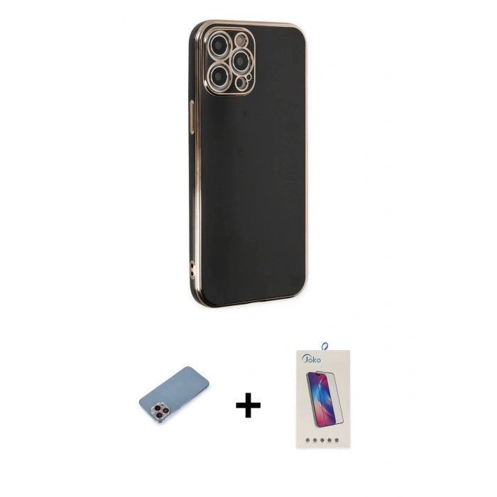 MARSİLYAN™- iPhone 12 Pro Max Kılıf Yankı Serisi - Siyah Joko 5D Cam + Shine Kamera Lens Koruma Cam - PE