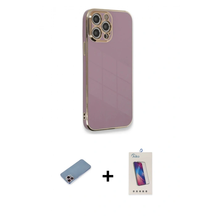 MARSİLYAN™- iPhone 12 Pro Max Kılıf Yankı Serisi - Siyah Joko 5D Cam + Shine Kamera Lens Koruma Cam - PE