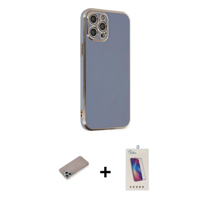 MARSİLYAN™- iPhone 12 Pro Max Kılıf Yankı Serisi - Siyah Joko 5D Cam + Shine Kamera Lens Koruma Cam - SABE