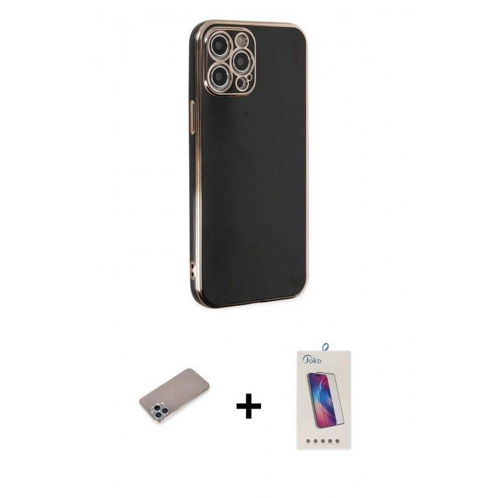 MARSİLYAN™- iPhone 12 Pro Max Kılıf Yankı Serisi - Siyah Joko 5D Cam + Shine Kamera Lens Koruma Cam - SABE