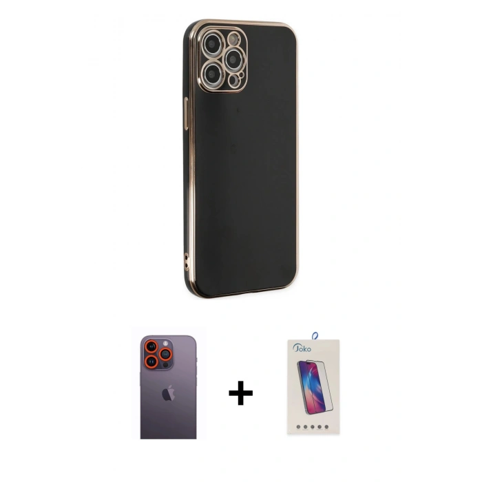 MARSİLYAN™- iPhone 12 Pro Max Kılıf Yankı Serisi - Siyah Joko 5D Cam + Neon Fosforlu Kamera Lens - TU