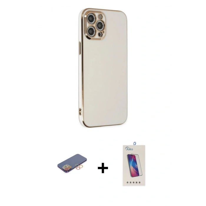 MARSİLYAN™- iPhone 12 Pro Max Kılıf Yankı Serisi - Siyah Joko 5D Cam + Renkli Kamera Lens Koruma Cam - TU