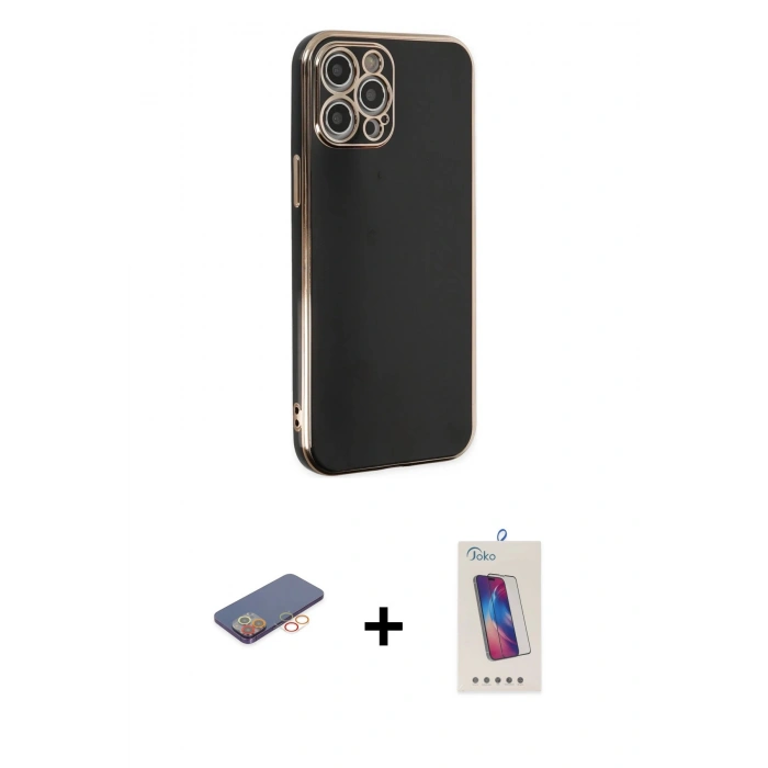 MARSİLYAN™- iPhone 12 Pro Max Kılıf Yankı Serisi - Siyah Joko 5D Cam + Renkli Kamera Lens Koruma Cam - TU