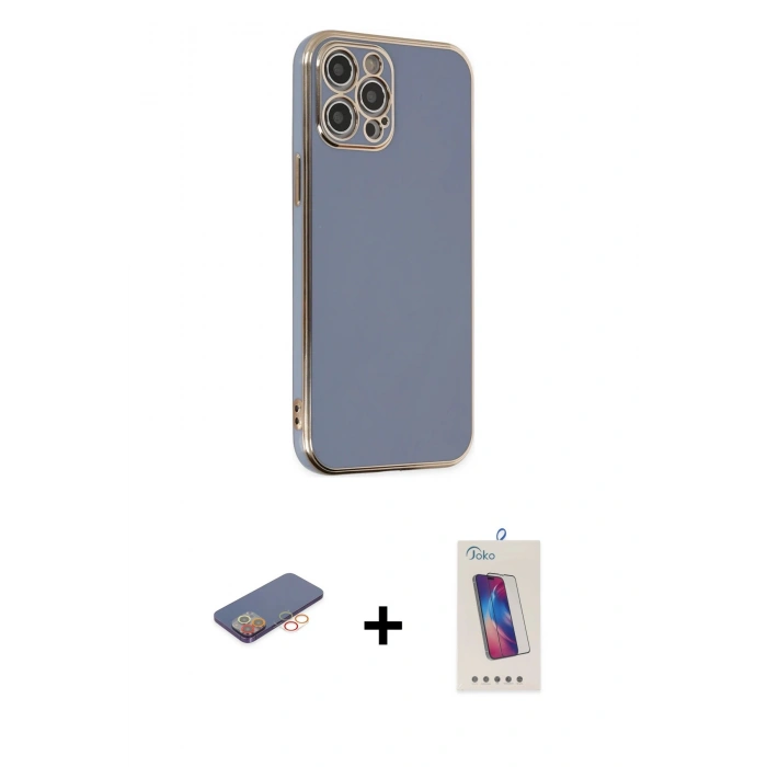 MARSİLYAN™- iPhone 12 Pro Max Kılıf Yankı Serisi - Siyah Joko 5D Cam + Renkli Kamera Lens Koruma Cam - TU