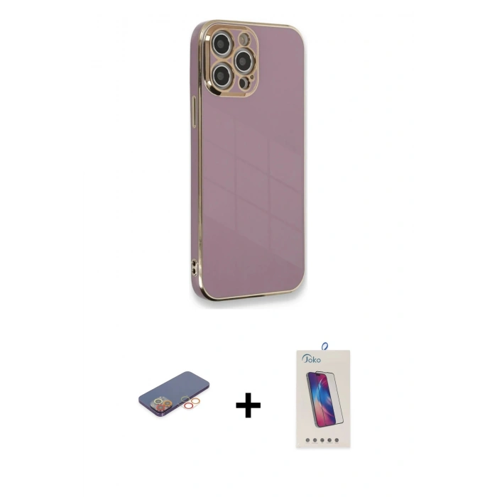 MARSİLYAN™- iPhone 12 Pro Max Kılıf Yankı Serisi - Siyah Joko 5D Cam + Renkli Kamera Lens Koruma Cam - TU