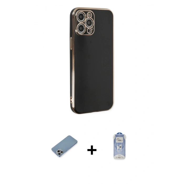 MARSİLYAN™- iPhone 12 Pro Max Kılıf Yankı Serisi - Siyah Joko Magic 5D Cam + Shine Kamera Lens Koruma Cam - GI
