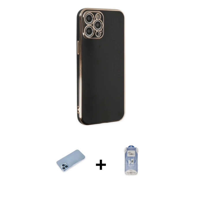 MARSİLYAN™- iPhone 12 Pro Max Kılıf Yankı Serisi - Siyah Joko Magic 5D Cam + Shine Kamera Lens Koruma Cam - MI