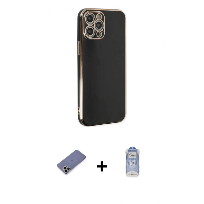 MARSİLYAN™- iPhone 12 Pro Max Kılıf Yankı Serisi - Siyah Joko Magic 5D Cam + Metal Kamera Lens Koruma Cam - GD