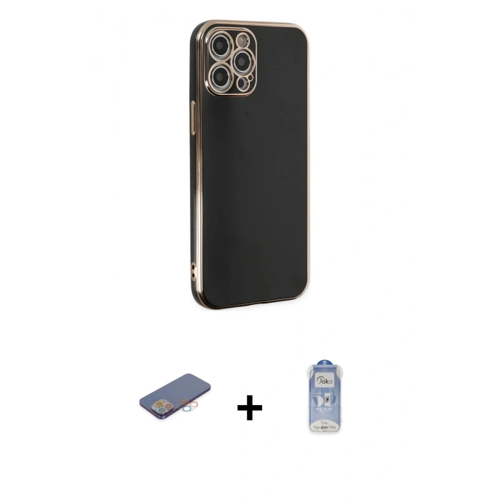 MARSİLYAN™- iPhone 12 Pro Max Kılıf Yankı Serisi - Siyah Joko Magic 5D Cam + Renkli Kamera Lens Koruma Cam - PE