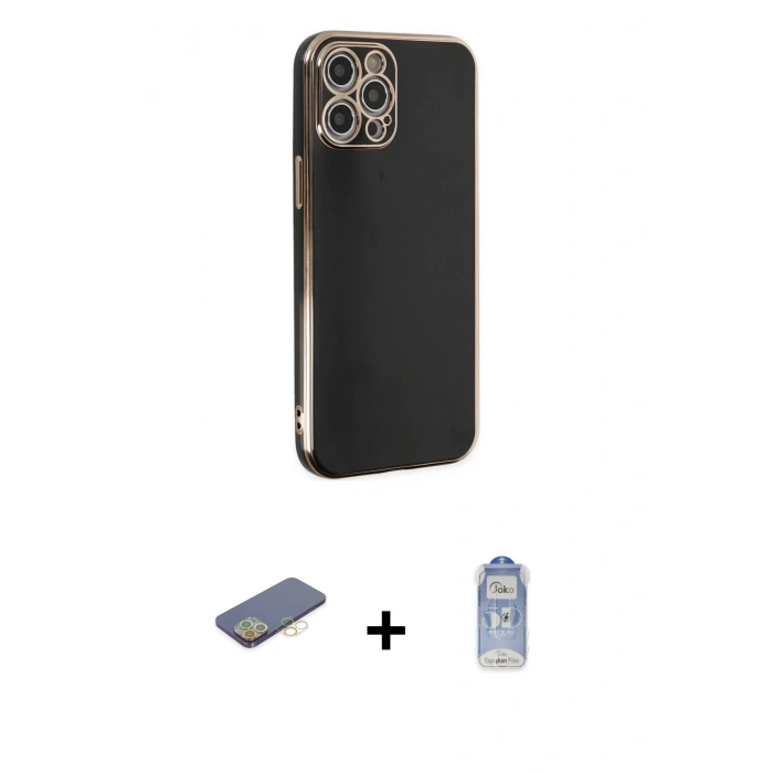 MARSİLYAN™- iPhone 12 Pro Max Kılıf Yankı Serisi - Siyah Joko Magic 5D Cam + Renkli Kamera Lens Koruma Cam - SI
